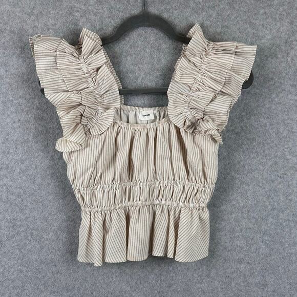 Aureum Striped Ruffle Top Size Small Cream Tan Elastic Smocked Peplum Tank - Picture 4 of 9